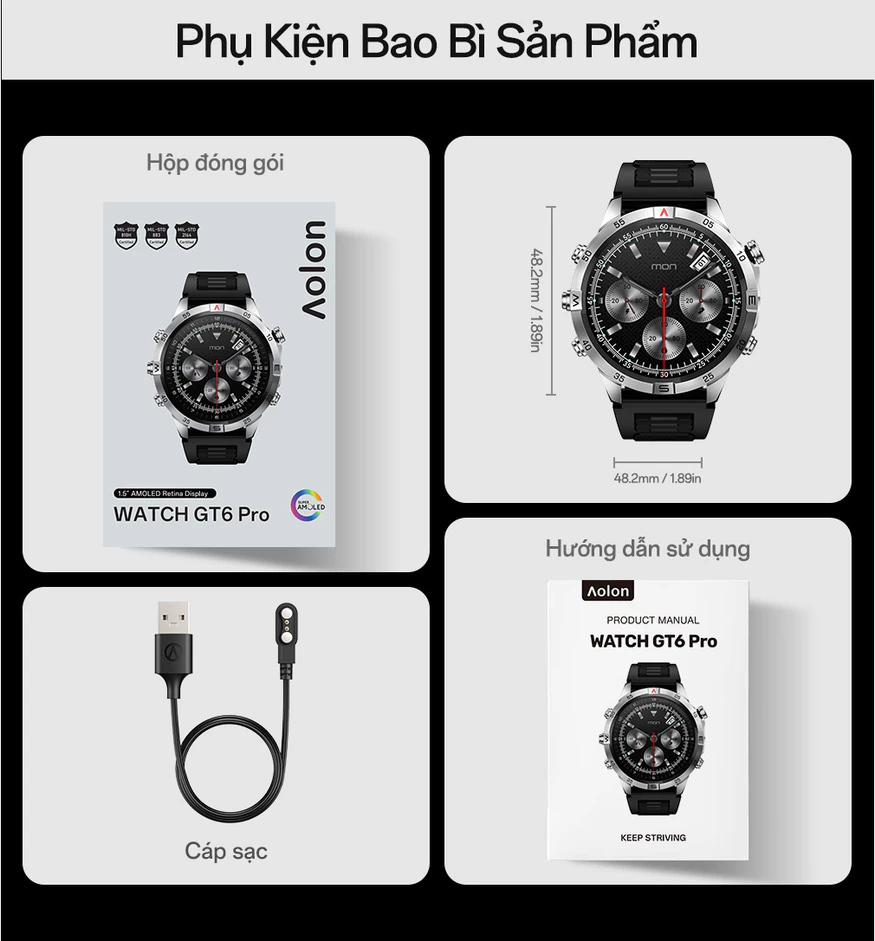 Trọn bộ phụ kiện trong hộp Aolon GT6 Pro: đồng hồ, cáp sạc, sách hướng dẫn